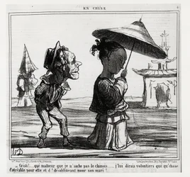 ¡Cristi! No sé cómo hablar chino... ¡Con gusto le diré algo agradable para ella y despectivo para su esposo!... En la serie En Chine, ilustración de Honoré Daumier, publicada en “Charivari”, fechada el 12 de enero