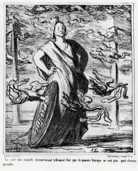 Europa: la nube de patos oscureciendo el aire tanto que la pobre Europa ya no sabe qué camino tomar. Ilustración de Honoré Daumier, publicada en las noticias, “Charivari”, fechada el 22 de octubre