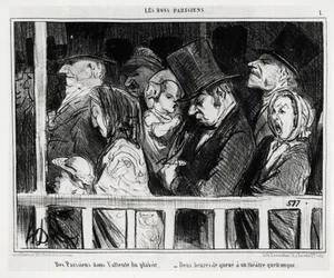 Buenos parisinos: parisinos esperando divertirse, dos horas de cola ante una especie de teatro. Ilustración de Honoré Daumier (1808-1879), publicada en «Le Charivari», con fecha del 5 de marzo