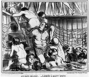 Les bains Deligny - La escala de las cuatro horas: ilustración de la serie "Boceto de verano" de caricaturas sobre natación y los baños Deligny por Honoré Daumier (1808-1879). "Charivari"