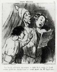 Bocetos musicales: una familia melómana comenzando a repetir en la mañana la gran canción que tenían que cantar en la noche en el concierto dado a Mr. Coquardeau. Ilustración de Honoré Daumier, publicada en 