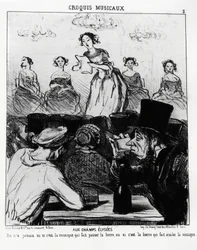 Bocetos musicales: en Champs Elysees, nunca supimos si es la música la que hace pasar la cerveza o la cerveza la que hace tragar la música. Ilustración de Honore Daumier (1808-1879), publicada en “Charivari”, fecha 12 de febrero de 1852.