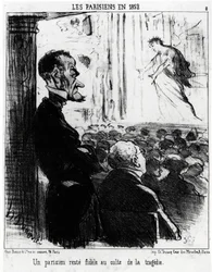 Parisienses en 1852: un parisino permanece fiel al culto de las tragedias. Ilustración de Honoré Daumier (1808-1879), publicada en "Charivari", con fecha 26 de enero de 1852