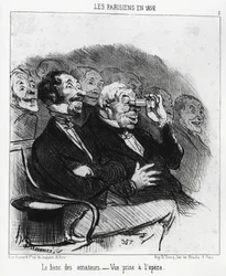 Parisienses en 1852: el banco de aficionados, vista tomada en la ópera. Ilustración de Honoré Daumier, publicada en 