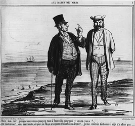 Baños en la playa: parisinos en una playa de Trouville del peso de las tradiciones y hábitos familiares - por Honore Daumier, en “Charivari” del 25/08/1859