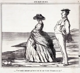 Serie "Los Baños de Mar": "¡Es menos divertido de lo que piensas ver el mar de la mañana a la noche!". Caricatura sobre turistas de vacaciones. Grabado de Honoré Daumier (1808-1879). Extracto del periódico "Le Charivari" del 9 de septiembre
