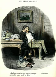 Mujeres socialistas. Caricatura antifeminista que representa a un hombre esperando con su hijo a su esposa desaparecida durante dos días. Litografía de Honoré Daumier (1808-1879) siglo XIX. Colección privada.