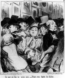 El público del espectáculo. Un día no pagas. Veinticinco grados de calor, tomado de “Pinturas y Salones”, serie de caricaturas de Honore Daumier (1808-1879). “Charivari”
