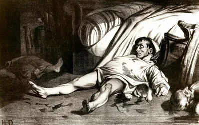 La masacre de la Rue Transnonain el 14/04/1834: los militares masacran a los habitantes del edificio del número 12 de la Rue Transnonain de París y lo recuperan tras la muerte de uno de sus oficiales - Litografía de Honoré Daumier (1808-1879), 1837.