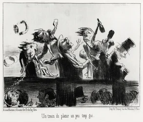 Un tren de placer un poco demasiado alegre, en la serie Los ferrocarriles, ilustración de Honore Daumier (1808-1879), publicada en “Charivari”, fechada el 20 de agosto de 1852.