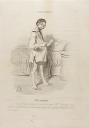 (Está leyendo una carta) "Una cita, ¿podría ser de la guapa Mme Giraud Sí, pero también podría venir de su marido que quiere pellizcarme...", lámina 8 de Coquetterie