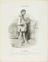 (Está leyendo una carta) "Una cita, ¿podría ser de la guapa Mme Giraud Sí, pero también podría venir de su marido que quiere pellizcarme...", lámina 8 de Coquetterie