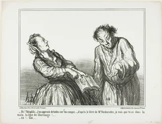 "- Ah, Théophile, qué cosas tan espantosas estoy leyendo sobre ti. Según el libro del Sr. Desbarolles, ¡puedo decir que tienes en la palma de la mano las líneas de un libertinaje!... - Oh, bueno...", lámina 1 de Ces Bons Parisiens