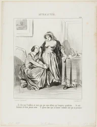 "- Y pensar que Prudhon no quería que asistiéramos a los banquetes socialistas.... el pobre no ha amado nunca..... ignora totalmente que es la presencia de la mujer la que embellece la existencia", placa 184 de Actualités.