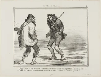 "- ¡Brrrr! Estoy furioso por haber venido a cazar al St. Denis-Plain. Hace demasiado frío... - Uno de esos días en los que te encantaría cazar un oso. Su piel sería más que bienvenida en este momento!," placa 3 de Croquis De Chasse