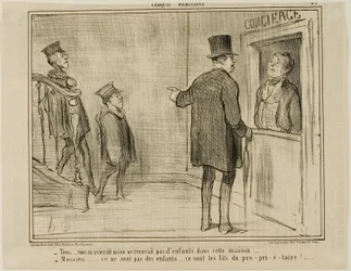 "- Pero usted me dijo que no se admiten niños en esta casa... - Señor, estos no son niños... ¡son los hijos del dueño!...", lámina 23 de Croquis Parisiens, - par Daumier