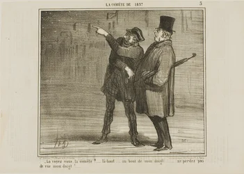 "- ¿Puedes ver el cometa... justo ahí, en la punta de mi dedo... ¡no pierdas de vista la punta de mi dedo!", lámina 5 de La Comète De 1857