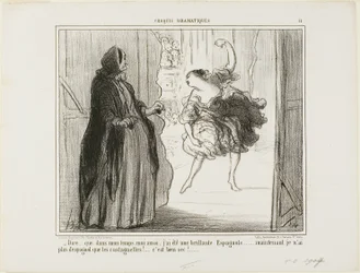 "- Difícil imaginar que en mis días también fui un aclamado bailarín español... hoy en día sólo mis castañuelas son españolas... qué lata...", lámina 11 de Croquis Dramatiques