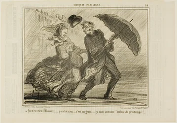 "- No te preocupes, Eleonore... no es nada, es sólo un poco de viento que anuncia la llegada de la primavera," plato 34 de Croquis Parisiens