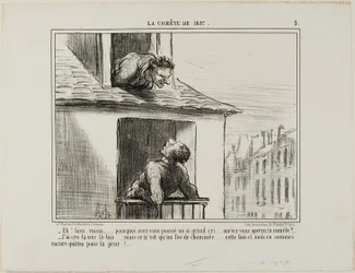 "- Hola, vecino... ¿qué era todo ese griterío... viste el cometa - Creí haberlo visto por allí... pero entonces era sólo el fuego de una chimenea... esta vez nos libramos sin más que un susto", lámina 3 de La Cométe De 1857.