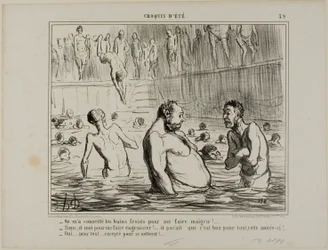 "- Me dijeron que fuera al batha frío para adelgazar. - No me digas, me acaban de decir lo contrario. - ¡A lo mejor este año son buenos para todo! - Cierto para todo, excepto para la limpieza," plato 39 de Croquis D