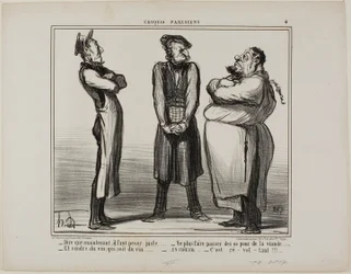 "- Increíble... ¡pero ahora tenemos que dar el peso exacto! - y ya no podemos vender huesos por carne - ¡y el vino tiene que ser vino de verdad! - todo junto ahora: Es repugnante", plato 4 de Croquis Parisiens.