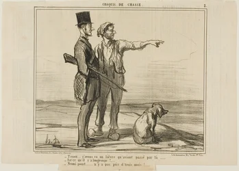 "- Escucha ... Vi una liebre por allí... - ¿Fue hace mucho tiempo - En absoluto ... fue hace menos de tres meses ... ", placa 2 de Croquis De Chasse