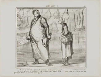 "- Señor carnicero, le deseo un feliz y saludable Año Nuevo... - ¿Qué Va a ser un buen año, este 1858... ¡todos los tenderos de la esquina podrán vender mi cordero!...", lámina 481 de Actualités