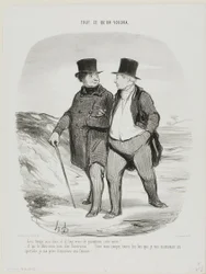 "- Los tiempos son difíciles; este año debemos aprender a ser más modestos... - No me digas, mi querido Ducorneau.... por lo que a mí respecta, cada vez que voy al teatro me niego ahora la compañía de mi mujer....", lámina 2 de Tout Ce Qu