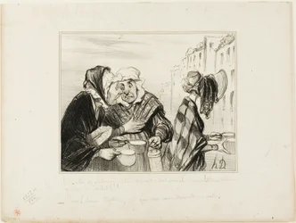 "- ¡Qué alboroto está armando este cara-amarga del quinto piso! Llevando un sombrero para comprar dos tazas de leche por una sopa. - Oh, Madame Capitaine, no estamos elegantes hoy...," plato 36 Tipos Parisinos
