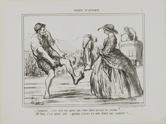 "-¿Qué, ¿estás prensando las uvas con los pies... -Claro, y no está nada sucio... ¡desde que me quité los zapatos!", lámina 1 de Croquis D