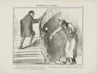 "- Le ruego que vuelva inmediatamente... No permito que mis inquilinos reciban visitas una vez que he limpiado la escalera," placa 1 de Messieurs Les Concierges