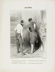 "- Tu traje encaja.... Te lo cojo prestado... sólo que, por favor, cierra la puerta, noto una corriente de aire en la espalda. - Oh ráfaga, la puerta está cerrada,..... pero acabas de abrir el único traje que tengo," plato 5 de Les Amis