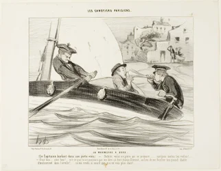 Una maniobra de barco. El Capitán gritando en su trompeta: "- ¡Gabier! Se está formando una borrasca, ¡prepárense! ..... Izad todas las velas!... Eso está bien:.... ¡muy bien! - ¿Por qué no me lo has dicho con calma en vez de meterme este enorme instrument