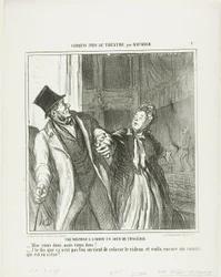 Un malentendido en el Odeón, en un día de drama. "- ¡Vamos, vamos! - Te digo que no ha terminado. El telón se ha levantado de nuevo y todavía hay romanos en el escenario", lámina 4 de Croquis Pris Au Théatre par Daumier