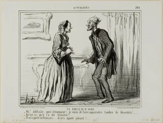 Un rival del Sr. Hume. "- Oh Adelaide, qué experiencia.... ¡Acabo de hacer aparecer la sombra de Sesostris delante de mí! - ¿Y qué te dijo Sesostris - Me habló en francés... ¡y me llamó jeta!", lámina 384 de Actualités