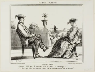 Vacaciones en el campo. "- La vida en el campo no es tan entretenida, como dicen todos. - Y pensar que la primavera acaba de empezar," plato 14 de Ces Bons Parisiens
