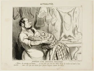 Dentro de una carnicería en París. "Vamos querida..... Sé que es difícil vender nuestra carne de vacuno tan barata como en ..... pero eso no es motivo para llorar como un ternero", plato 75 de Actualités