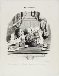 "¡Mira! Mira cómo sus ojos están en los saveloys y el jamón.... parece que nos gusta el trabajo de papá... ..... ¡mi cerdito!," plato 51 de Moeurs Conjugales