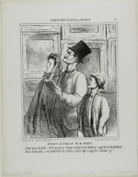 Mirando el cuadro de Manet. "- ¿Por qué diablos se llama Olimpia esta mujer gorda y pelirroja en camisón - Pero querida, tal vez sea el nombre del gato negro", lámina 9 de Croquis Pris Au Salon par Daumier.