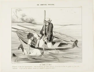 ¡Hombre al agua! "- ¡Arponémoslo más firmemente!.... ¡no podemos cogerlo de otra manera! Y tú, mantén sus piernas en el aire, eso es muy importante.... No hay nada en el mundo que te haga coger un resfriado más rápido que mojarte los pies", plato 14 de Les