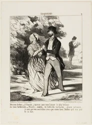 Monsieur Arthur: "- ¡Oh Pamela! Ardo de amor por ti!" El marido herbolario: "- Una malva... de la familia de las Malváceas... un sedante... No creo que mi amigo Arthur tenga este espécimen en el herbario que me pidió que construyera para él," plato 2 fro