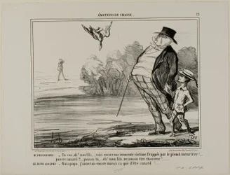 Señor Prudhomme: «Aquí estás otra vez, hijo mío... otra víctima inocente del plomo asesino.... pobre patito... reza para no llegar a ser cazador nunca, hijo mío!» El joven Adolph: «Pero papá, ¡preferiría ser cazador que un pato muerto!», lámina 13