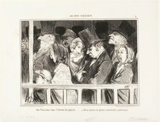 Parisinos deseando divertirse un poco. Haciendo cola durante dos horas delante de cualquier teatro de la ciudad, lámina 1 de Les Bons Parisiens