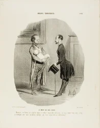 El marido de la Bluestocking. "Monsieur, mi mujer está inspirada desde esta mañana: es imposible verla. Como puede ver, tengo que dedicar toda mi atención al fruto de nuestra más reciente colaboración", lámina 46 de Moeurs Conjugales.