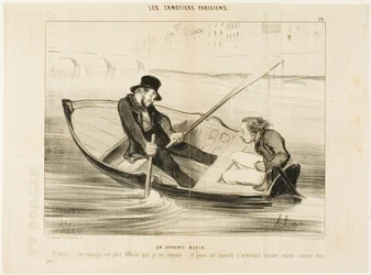 El marinero novato. "Diablo... ¡remar es mucho más difícil de lo que pensaba! Y para disfrutar de verdad prefiero pegarme guisantes", lámina 19 de Les Canotiers Parisiens.