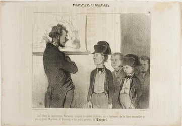 Los alumnos del Instituto Pascareau prueban su nuevo uniforme escolar que les hace parecerse un poco al gran Napoleón y mucho a los pequeños repartidores de periódicos, lámina 25 de Professeurs Et Moutards