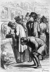 Una sala del Hotel Drouot, un día de exposición. Caricatura de Honore Daumier. Grabado en Le Monde Illustré n°265 del 10 de mayo de 1862
