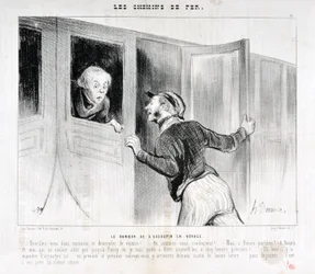 Obra de Honoré Daumier (1808-1879). Charivari data de 1843: Serie LES RAILWAYS El peligro de quedarse dormido en un viaje - ¡Despierta señor y bájate del coche! - ¿A dónde vamos? - ¡Pero a Rouen, parbleu! - ¡En Rouen y yo que solo quería ir a Poiss