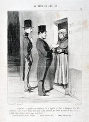 Obra de Honoré Daumier (1808-1879). Charivari data de 1845: Serie LES PEANS DE JUSTICE -... y hablando en su puerta así lo declaró, le hizo saber que tenía que obedecer la dicha citación, de lo contrario y en caso de no hacerlo se verá obligado a
